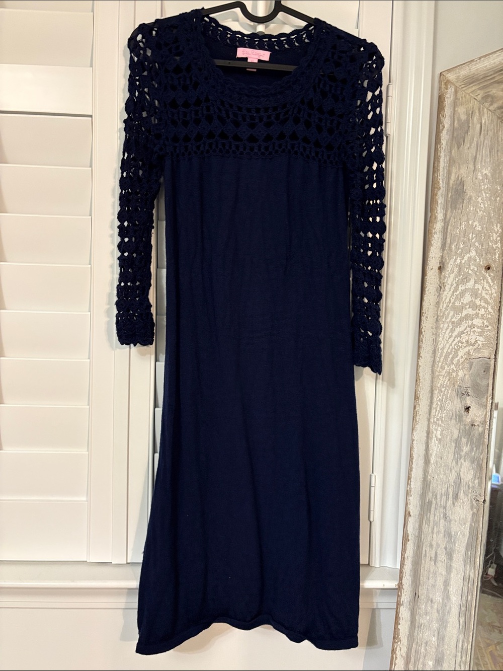Lilly Pulitzer Kariana Navy Crochet Yoke Long Sleeve Sweater Dress